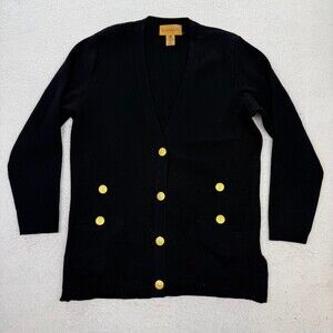 Vintage Black Wool Cardigan Women's Gold Crest Button V-Neck Knit Long Sleeve S